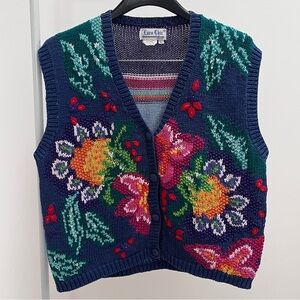Vintage embroidered floral stripe button up sweater vest L sunflowers Hong Kong